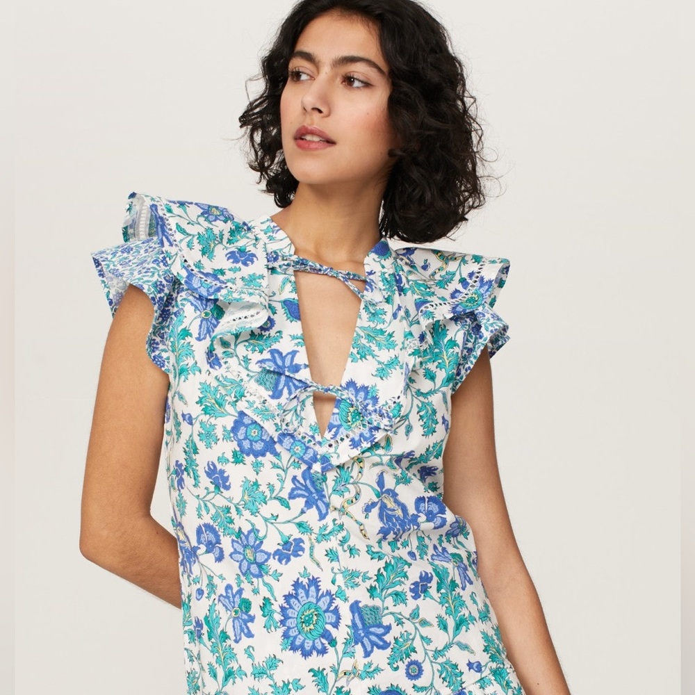 Derek Lam 10 Crosby Najah Ruffle Blouse Floral Print Blue Green V-Neck size‎ 0